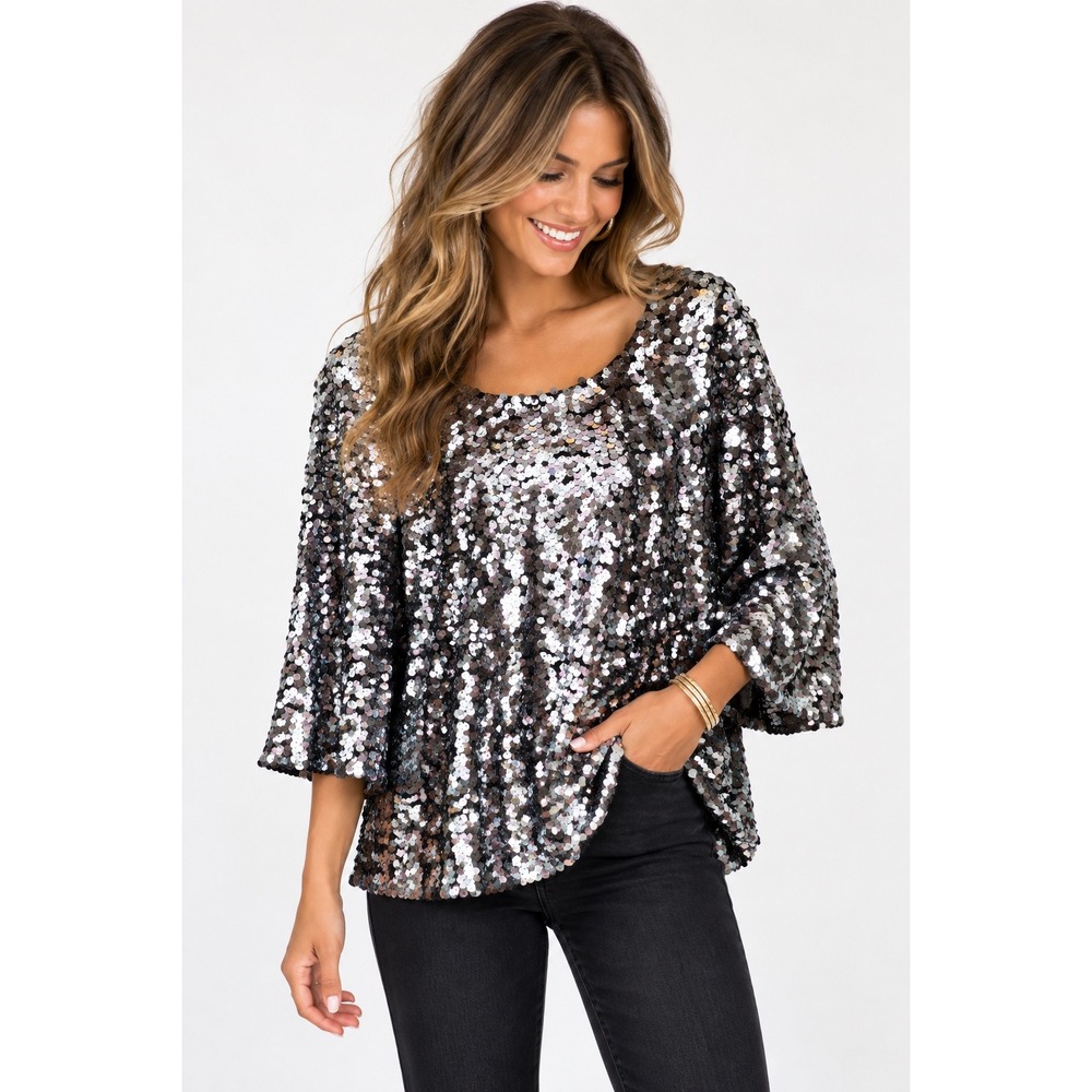 St. John Couture Silver Sequin Paillette Silk Lined Bell Sleeve Blouse Top XL